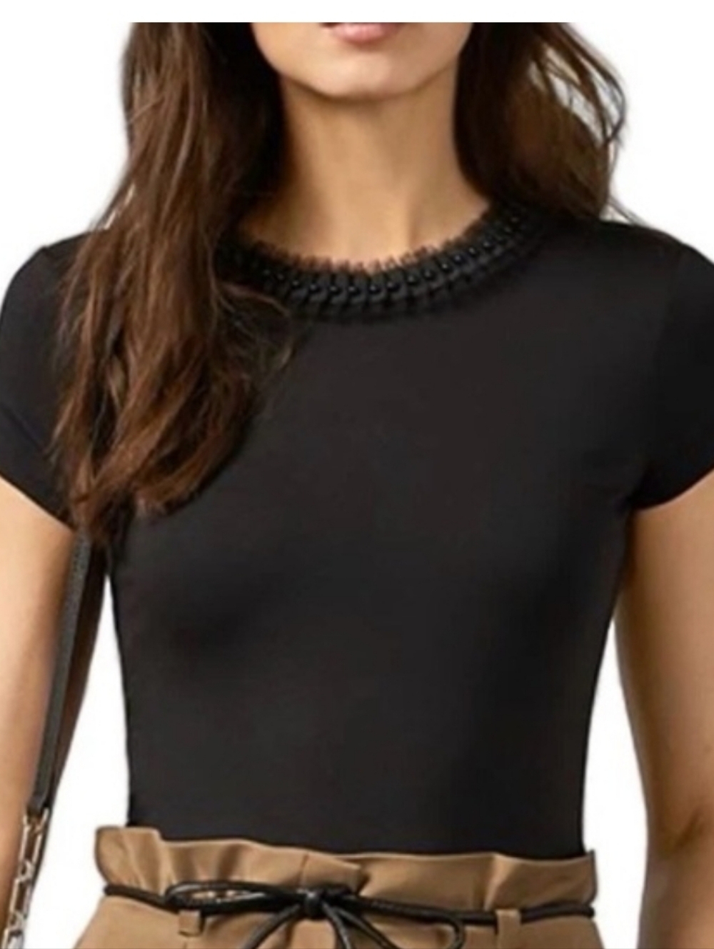 Ted Baker Black Embellished Short Sleeve Top with Beaded Neckline